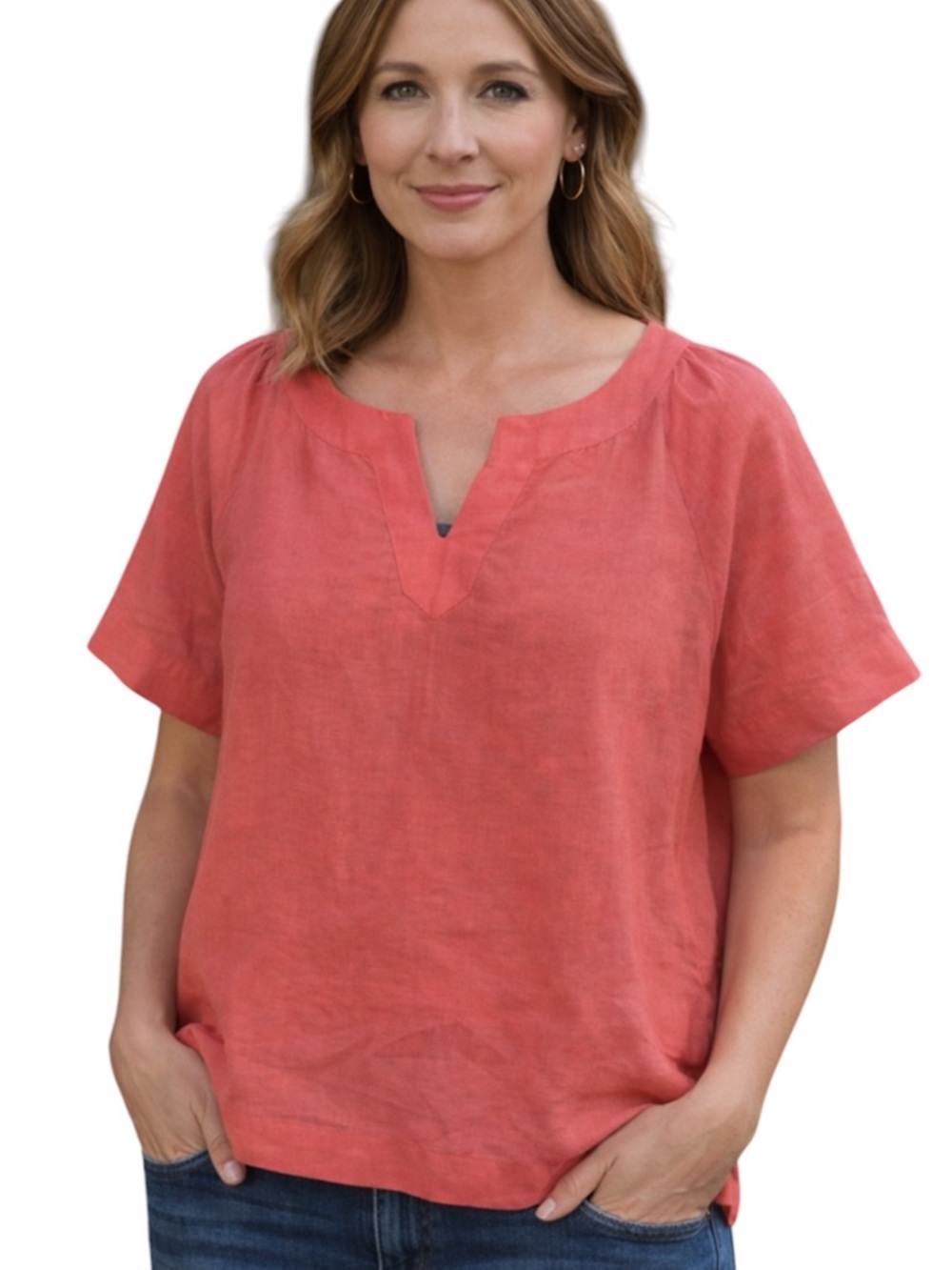 NWT J.Crew Flutter-Sleeve Linen V-Neck Top Brilliant Papaya - Size 2X/XXL